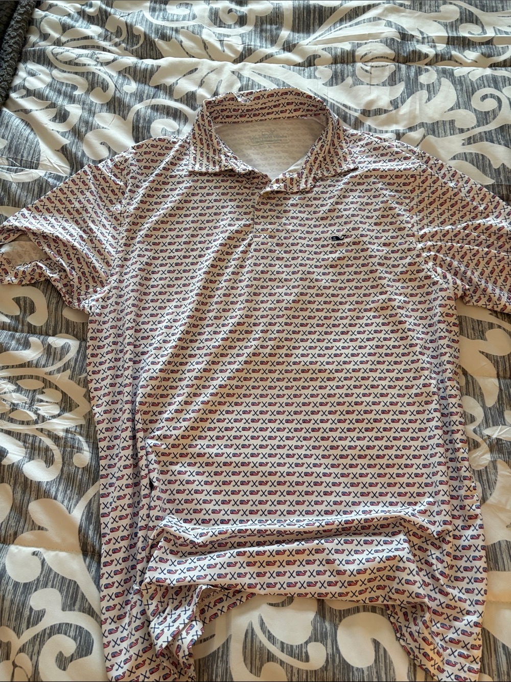 Vineyard Vines White Polo with Red & Navy Repeat Logo Print